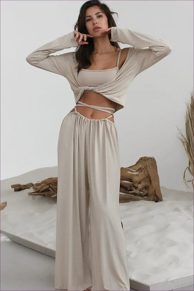 Three-Piece Loungewear Set with Tie-Front Top - Effortless Home Elegance