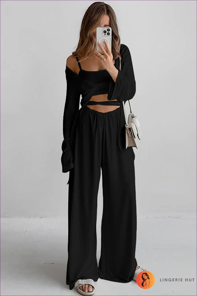 Three-Piece Loungewear Set with Tie-Front Top - Effortless Home Elegance