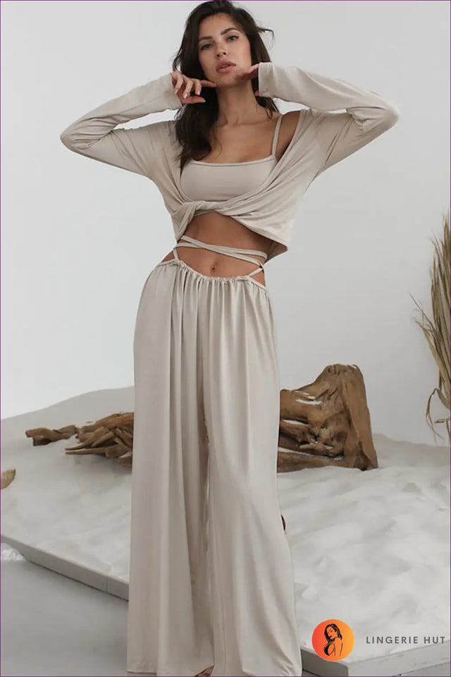 Three-Piece Loungewear Set with Tie-Front Top - Effortless Home Elegance