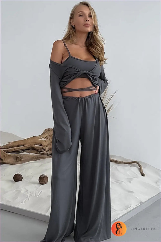 Three-Piece Loungewear Set with Tie-Front Top - Effortless Home Elegance