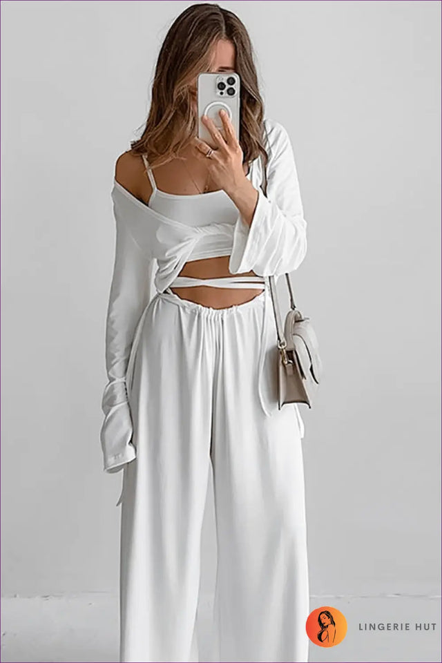 Three-Piece Loungewear Set with Tie-Front Top - Effortless Home Elegance