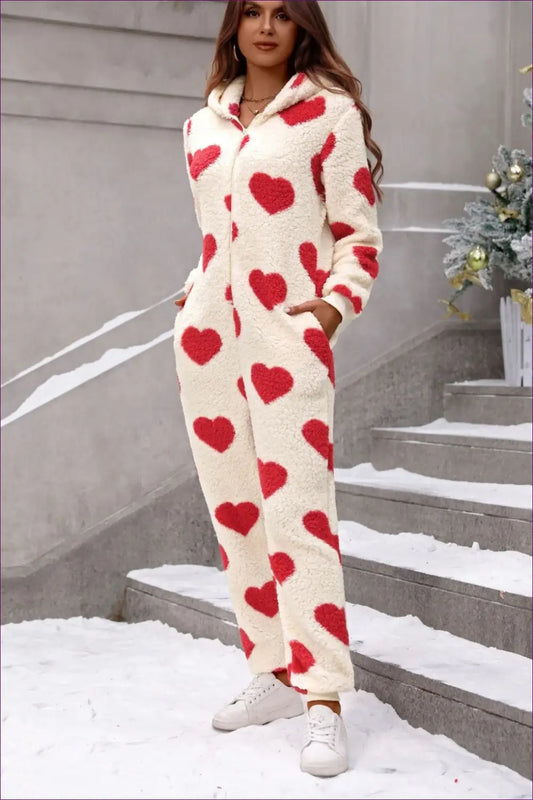 Stay Cozy In Style With Our Loving Heart Plush Jumpsuit! Perfect For Fall/winter, It’s Your Go-to Festive Fun