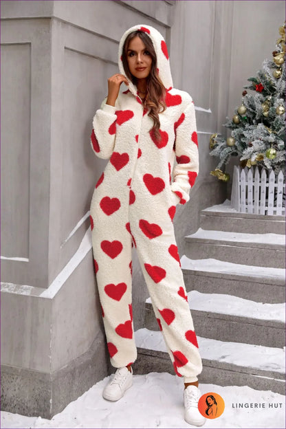 Stay Cozy In Style With Our Loving Heart Plush Jumpsuit! Perfect For Fall/winter, It’s Your Go-to Festive Fun