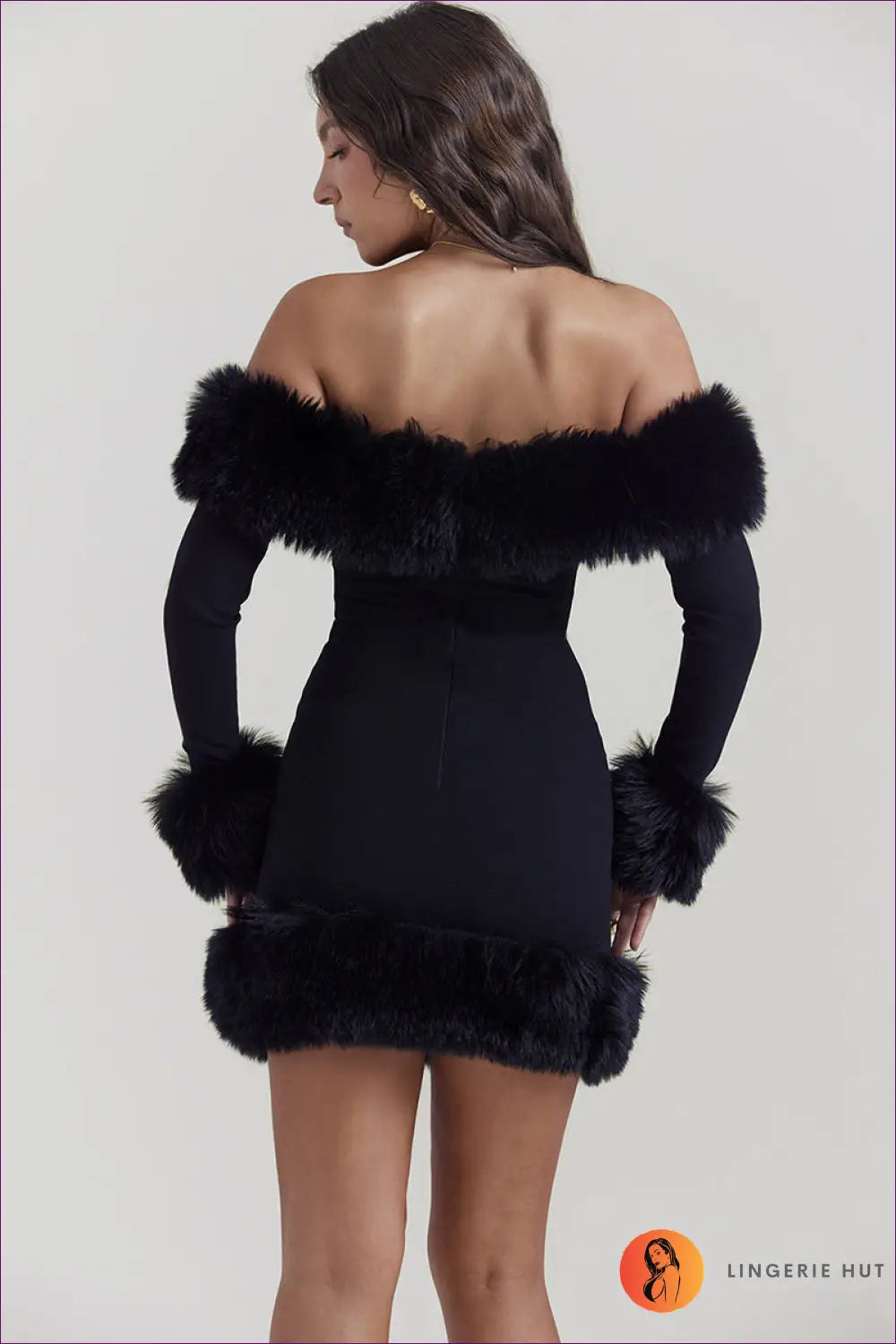 Luxe Fur-trimmed Off-shoulder Mini Dress - Sophisticated Allure for Bodycon, Casual, Dress, Mini, n