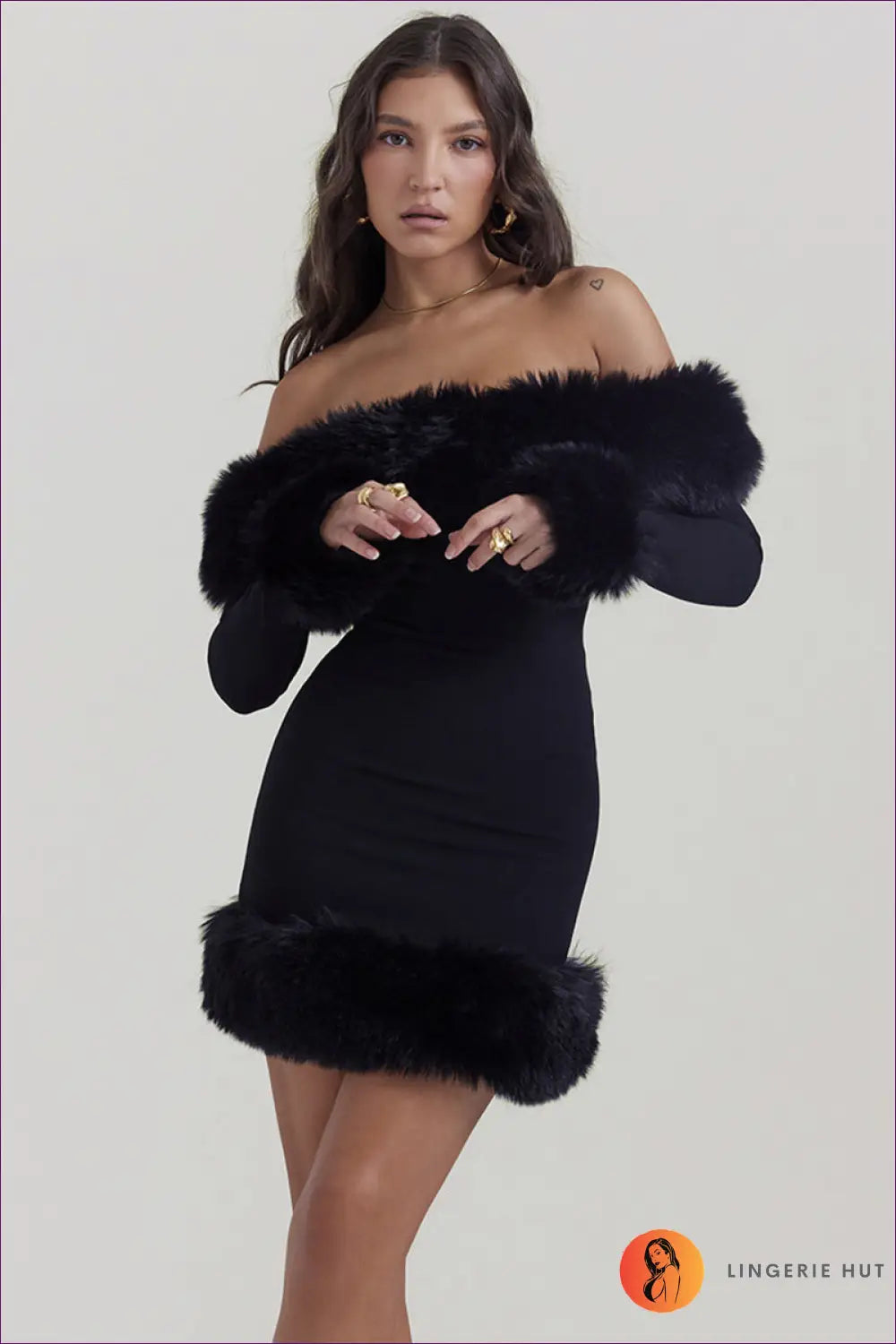 Luxe Fur-trimmed Off-shoulder Mini Dress - Sophisticated Allure for Bodycon, Casual, Dress, Mini, n