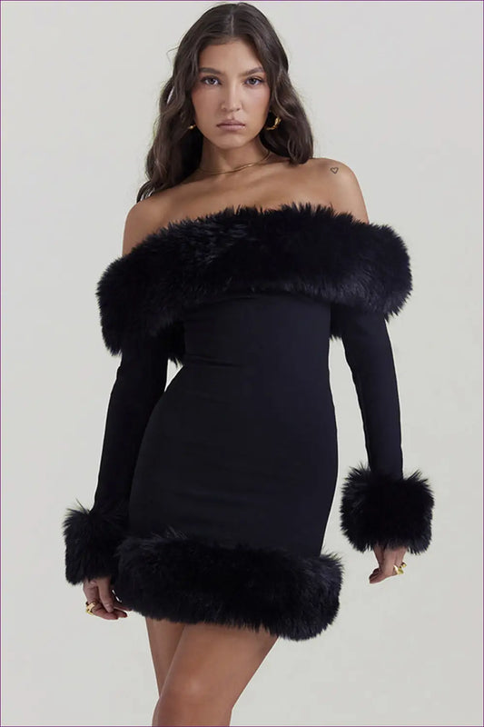 Luxe Fur-trimmed Off-shoulder Mini Dress - Sophisticated Allure for Bodycon, Casual, Dress, Mini, n