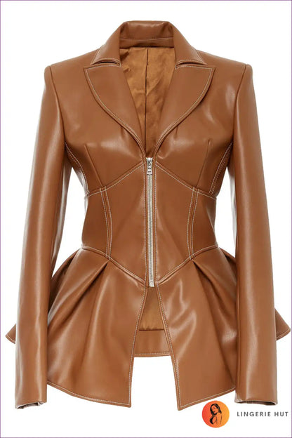 Luxe Tan Leather Peplum Jacket ?? Fierce Street Style for Autumn, Clubwear, Glamour, Jacket,