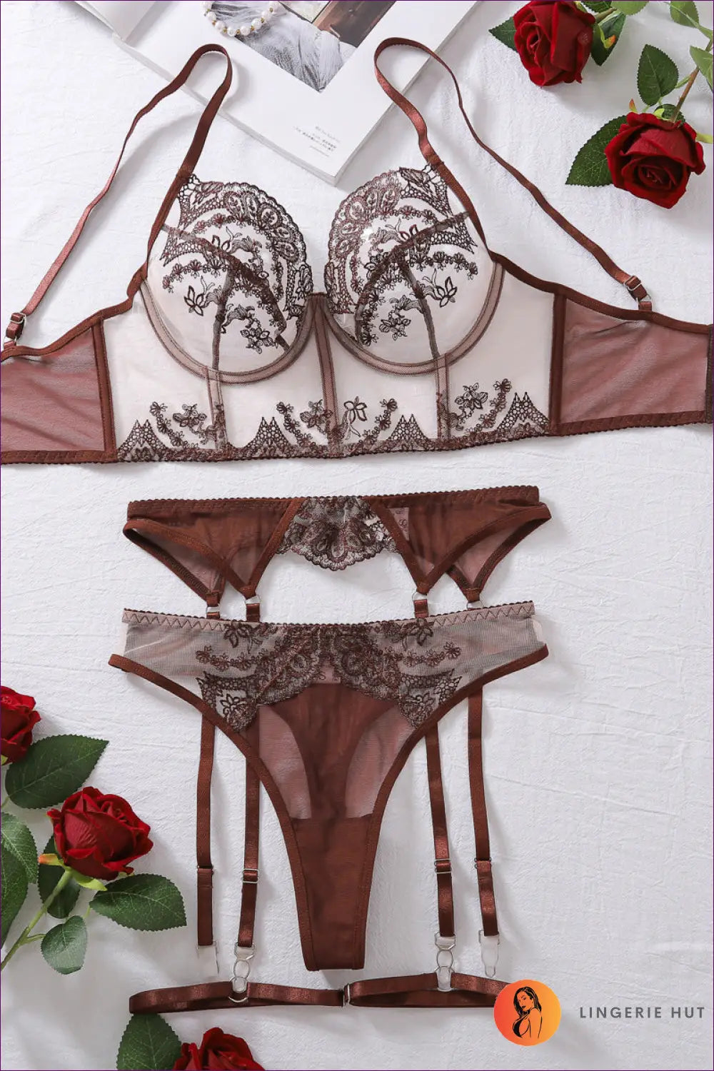 Luxurious Brown Lace Lingerie Set - Elegant & Seductive for Bra Set, Garter, Glamour, Honeymoon,