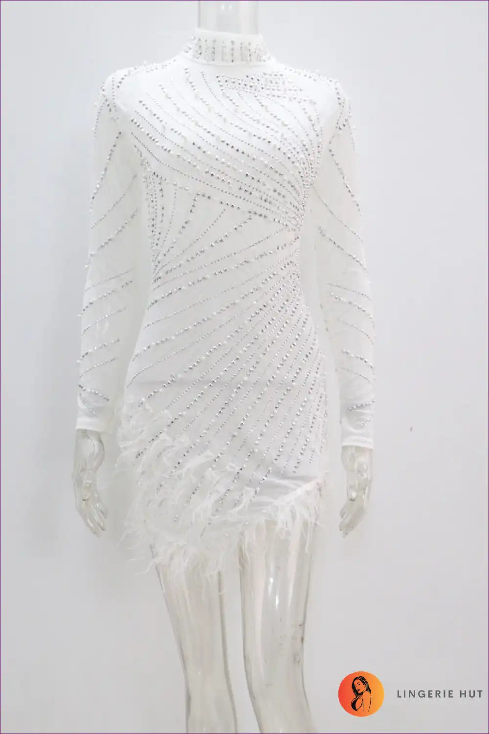 Indulge In Luxury With Our Rhinestone & Pearl Feather Mini Dress. Perfect For Special Occasions. Limited