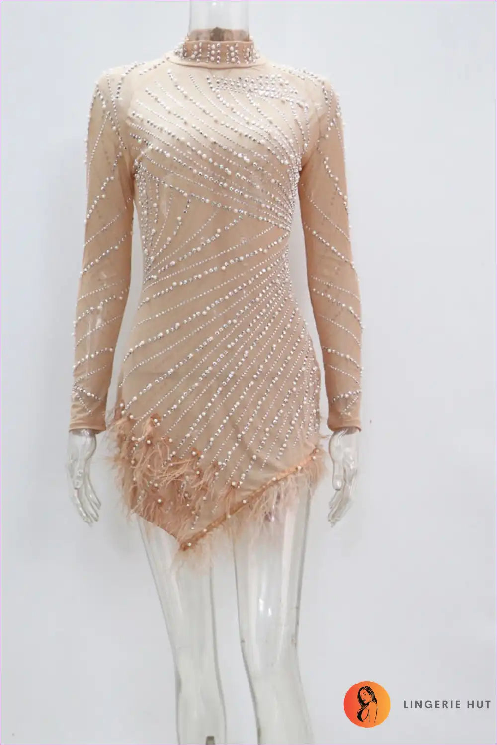 Indulge In Luxury With Our Rhinestone & Pearl Feather Mini Dress. Perfect For Special Occasions. Limited