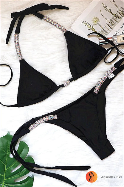 Sparkle In Our Elegant Luxury Rhinestone Halter Bikini. Custom Fit, Glamorous Style. Claim Your Beach Glamour