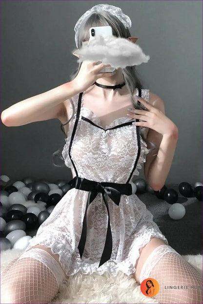 Maid Costume with Allover Lace and Ruffle Trim - Cosy Evening in for Boudoir, Costume, Garter, Halter,