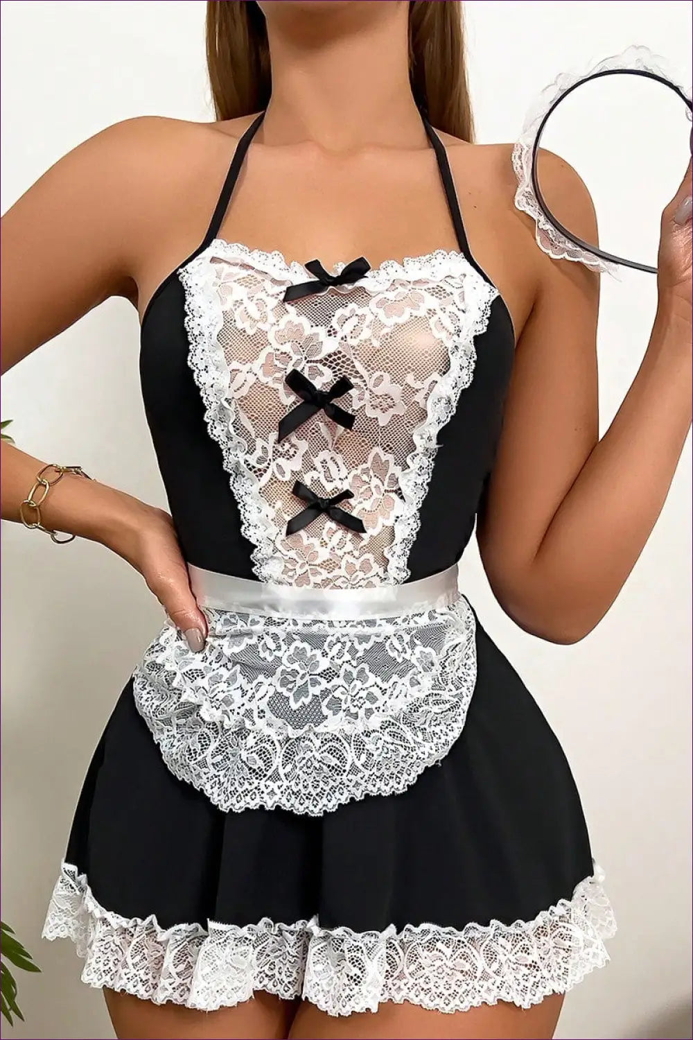 Maid Costume Babydoll with Halter Lace - Fantasy Roleplay Ready - Bodysuit - Lingerie Hut - All Season • Halter