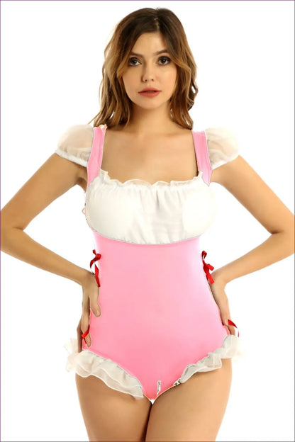 Maid Costume with Back Tie Ruffle - Fantasy Roleplay Ready - Type a Pink / one Size - Bodysuit - Lingerie - Hut - Plus