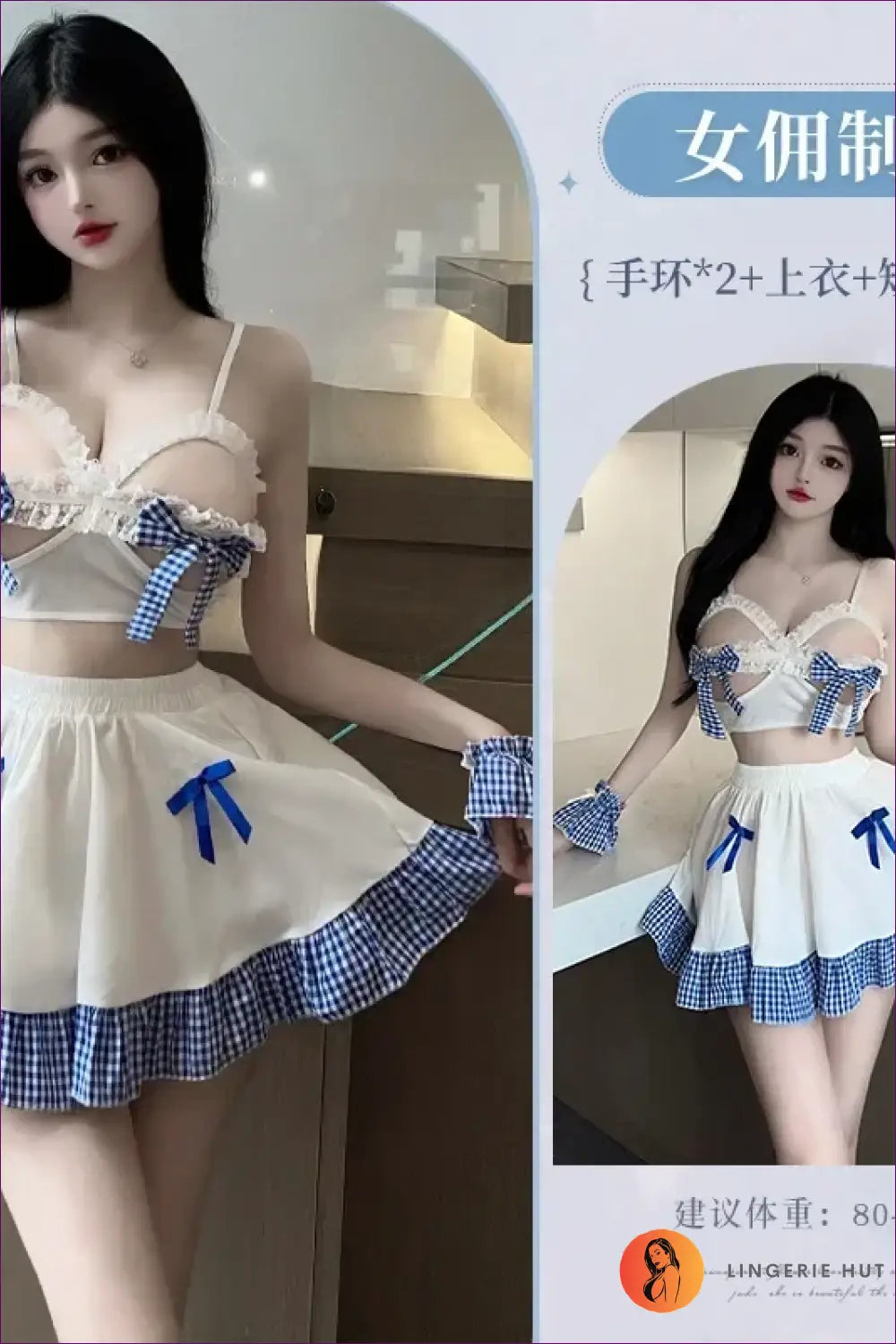 Maid Costume with Blue Bows - Playful Roleplay Escape - no Stockings / 40-60kg - Garter • Lace • Mesh • Mini - Lingerie