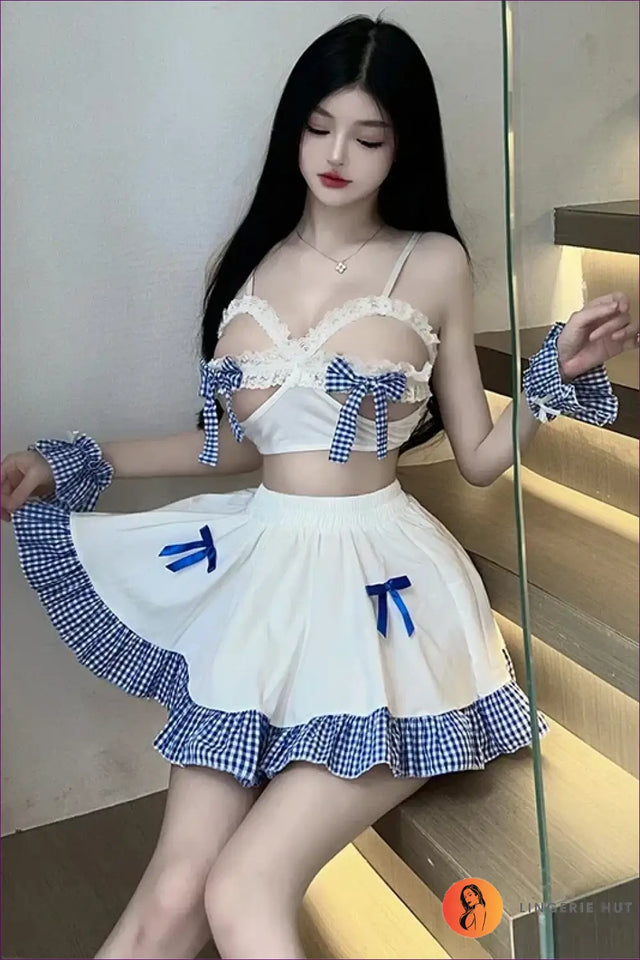 Maid Costume with Blue Bows - Playful Roleplay Escape