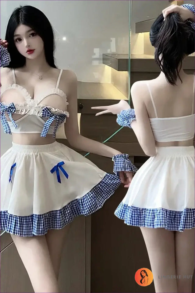 Maid Costume with Blue Bows - Playful Roleplay Escape