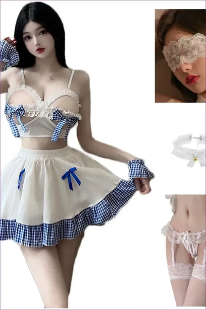 Maid Costume with Blue Bows - Playful Roleplay Escape - Combination 1 / 40-60kg - Garter • Lace • Mesh • Mini