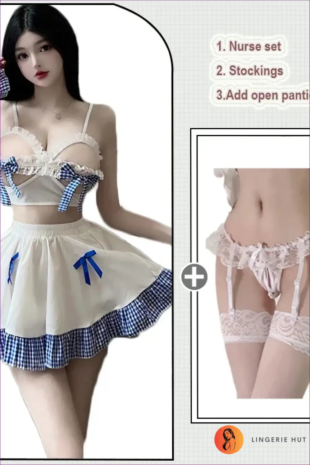 Maid Costume with Blue Bows - Playful Roleplay Escape - Combination 2 / 40-60kg - Garter • Lace • Mesh • Mini