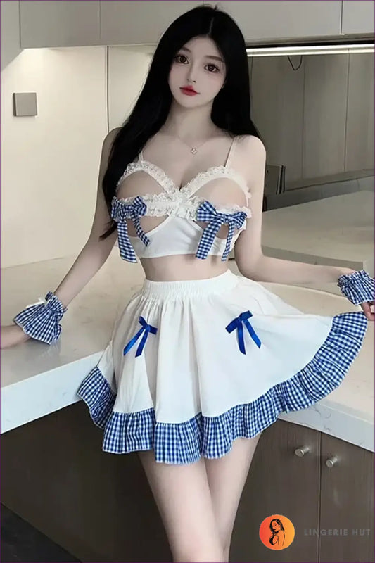 Maid Costume with Blue Bows - Playful Roleplay Escape - Garter • Lace • Mesh • Mini - Lingerie Hut
