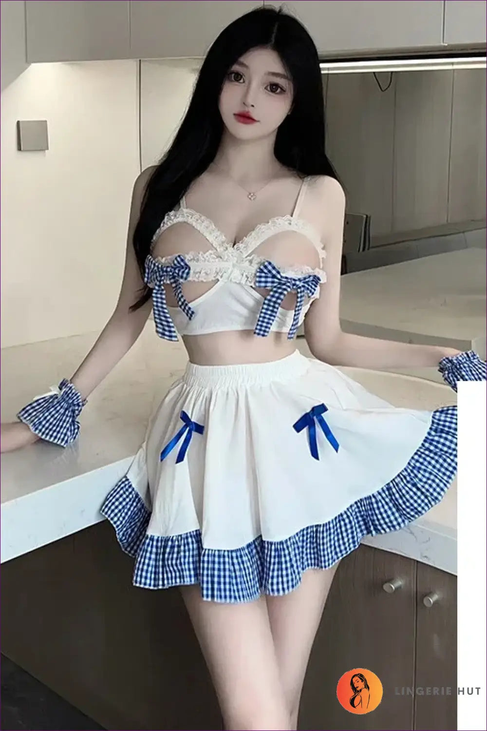 Maid Costume with Blue Bows - Playful Roleplay Escape - Add Stockings / 40-60kg - Garter • Lace • Mesh • Mini
