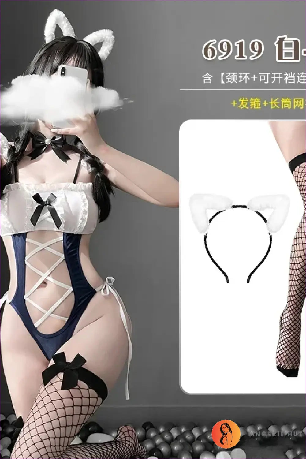 Maid Costume Bodysuit with Lace-up Cut-outs - Fantasy Roleplay Ready - have Headband-socks / one Size - Lingerie Hut