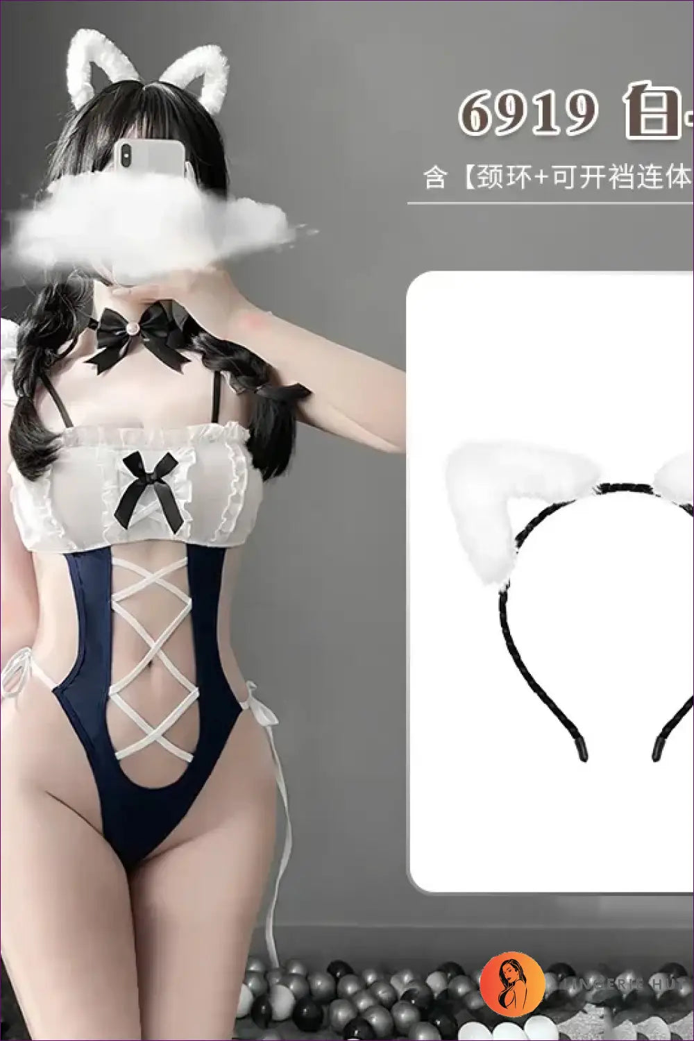 Maid Costume Bodysuit with Lace-up Cut-outs - Fantasy Roleplay Ready - have Headband / one Size - Lingerie Hut