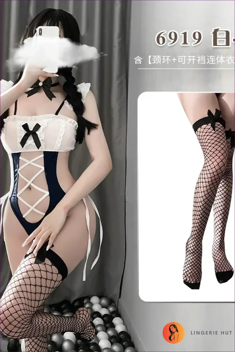 Maid Costume Bodysuit with Lace-up Cut-outs - Fantasy Roleplay Ready - have Socks / one Size - Lingerie Hut - Boudoir