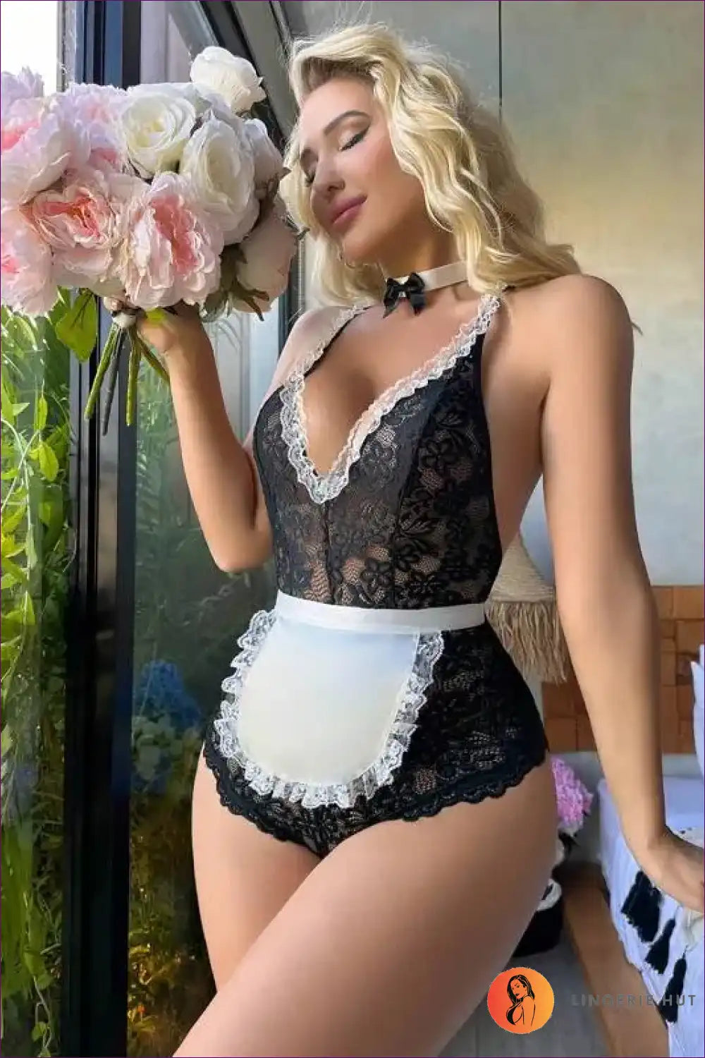 Maid Costume with Deep v Lace - Bedroom Confidence Set for Costume, just In, Lace, Maid, Night