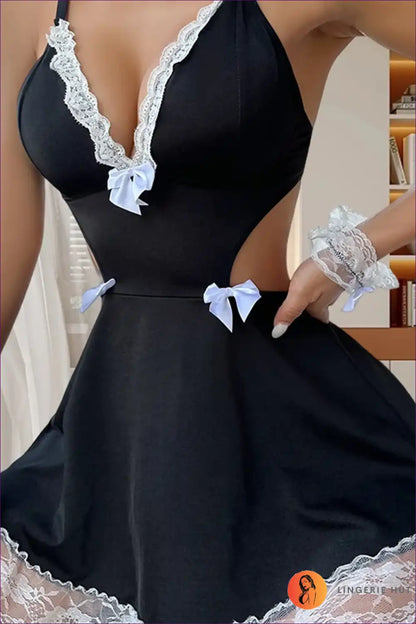 Maid Costume with Deep v Lace Trim and Cut-outs - Bedroom Confidence for Boudoir, Choker, Costume, Cutout,