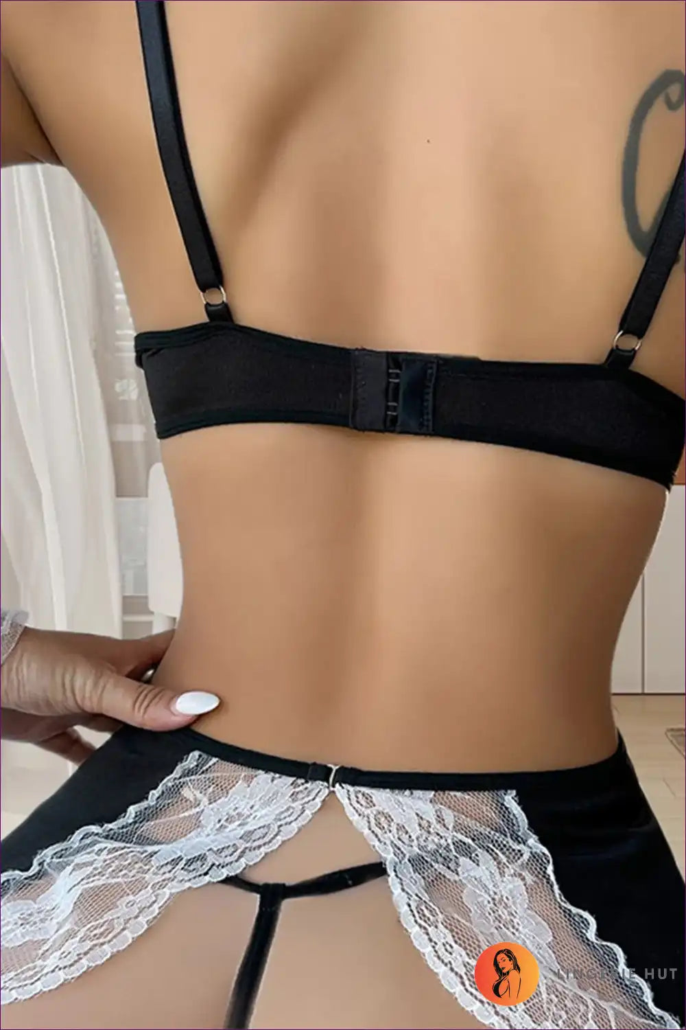 Maid Costume with Deep v Lace Trim and Cut-outs - Bedroom Confidence for Boudoir, Choker, Costume, Cutout,