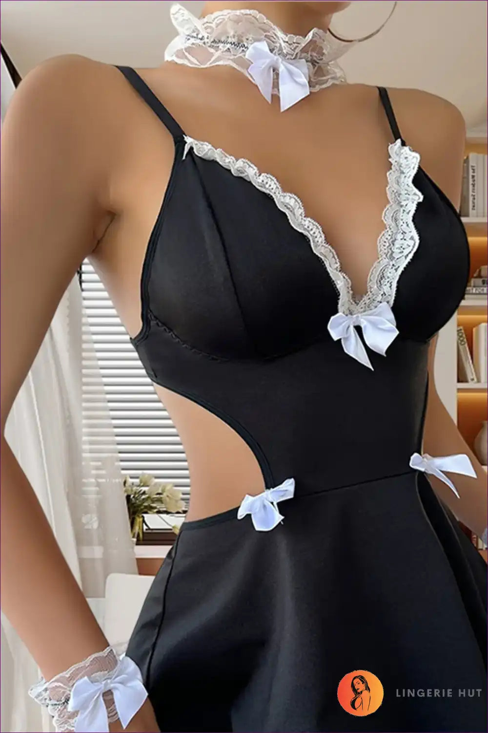 Maid Costume with Deep v Lace Trim and Cut-outs - Bedroom Confidence for Boudoir, Choker, Costume, Cutout,