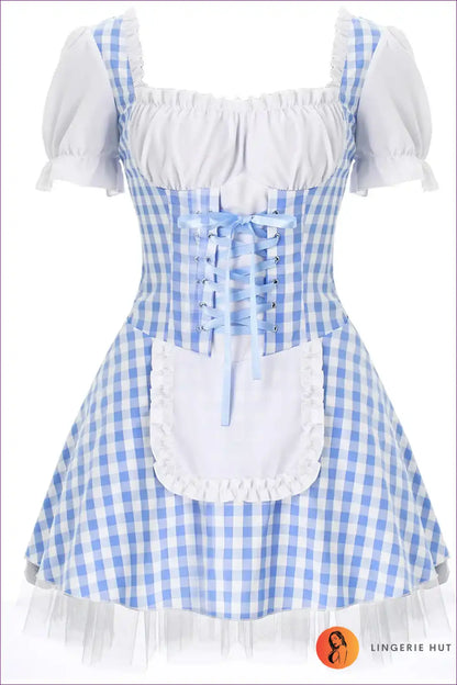 Maid Costume with Gingham Print and Tulle Skirt - Fairytale Cosplay Charm for a Line, Boho, Costume, Dresses,
