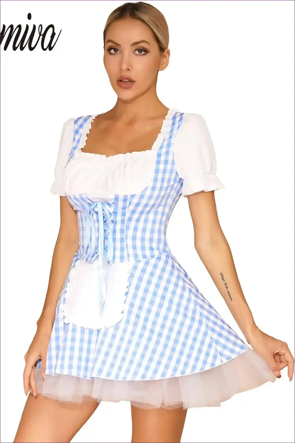 Maid Costume with Gingham Print and Tulle Skirt - Fairytale Cosplay Charm for a Line, Boho, Costume, Dresses,