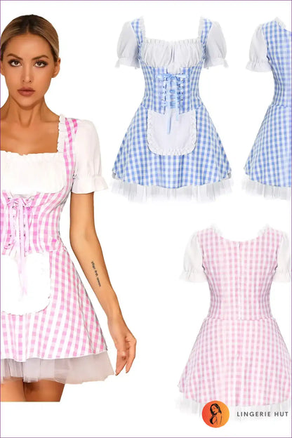 Maid Costume with Gingham Print and Tulle Skirt - Fairytale Cosplay Charm for a Line, Boho, Costume, Dresses,