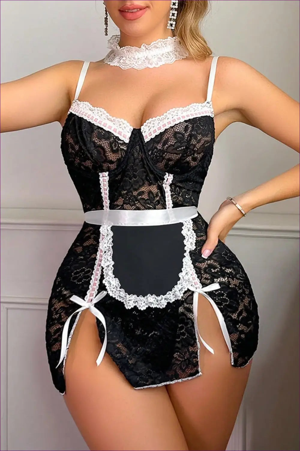 Maid Costume with Lace Trim and Halter - Fantasy Roleplay Ready - Lingerie Hut - Boudoir • Clubwear • Halter • Lace