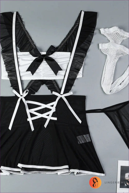 Maid Costume Mesh Four-piece Set - Playful Fantasy Ready - s / Black - Outfit - Cutout • Mini - Lingerie Hut