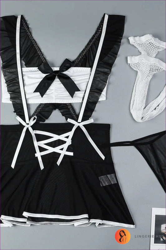 Maid Costume Mesh Four-piece Set - Playful Fantasy Ready - s / Black - Outfit - Cutout • Mini - Lingerie Hut