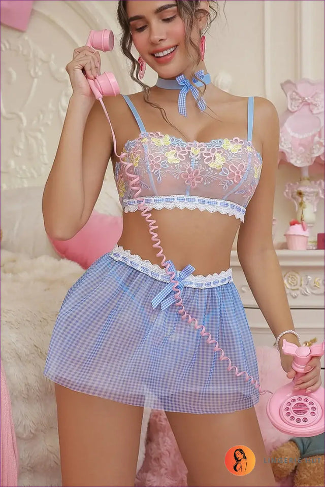 Floral Embroidered Sheer Bra and Skirt Set