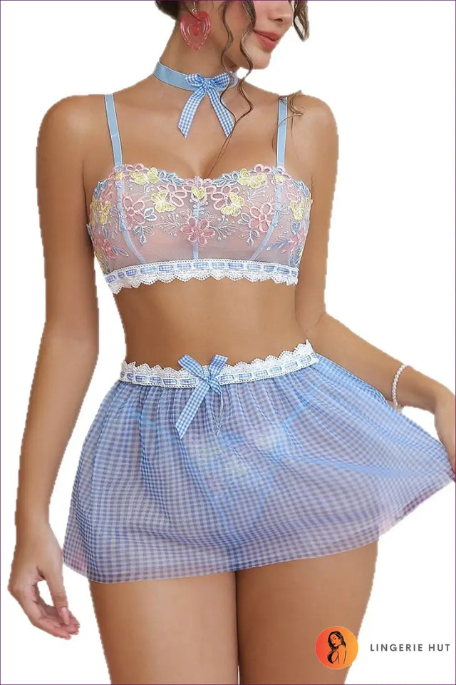 Floral Embroidered Sheer Bra and Skirt Set