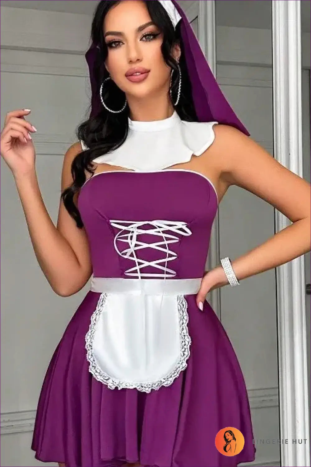Nun Costume Set with Headpiece - Purple / s - Cosplay • Costume • Lace • Mini - Lingerie Hut