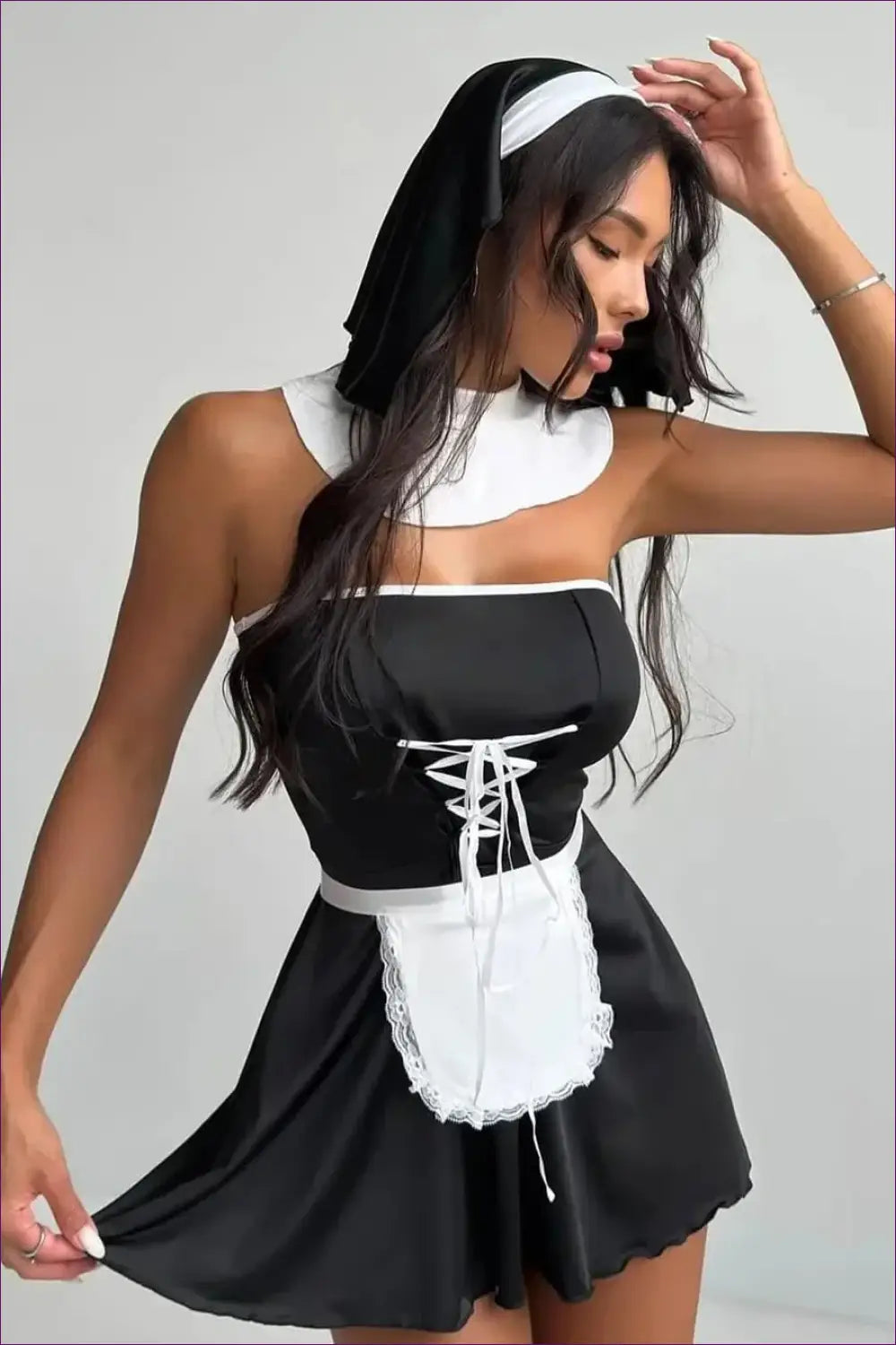 Nun Costume Set with Headpiece - Black / s - Cosplay • Costume • Lace • Mini - Lingerie Hut