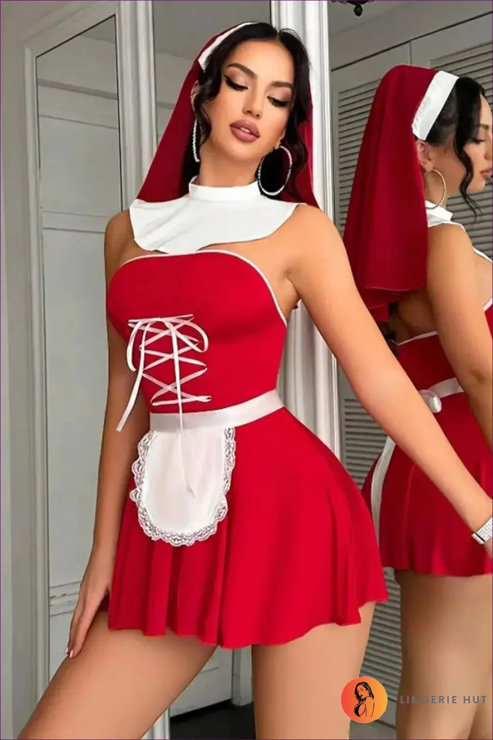 Nun Costume Set with Headpiece - Red / s - Cosplay • Costume • Lace • Mini - Lingerie Hut