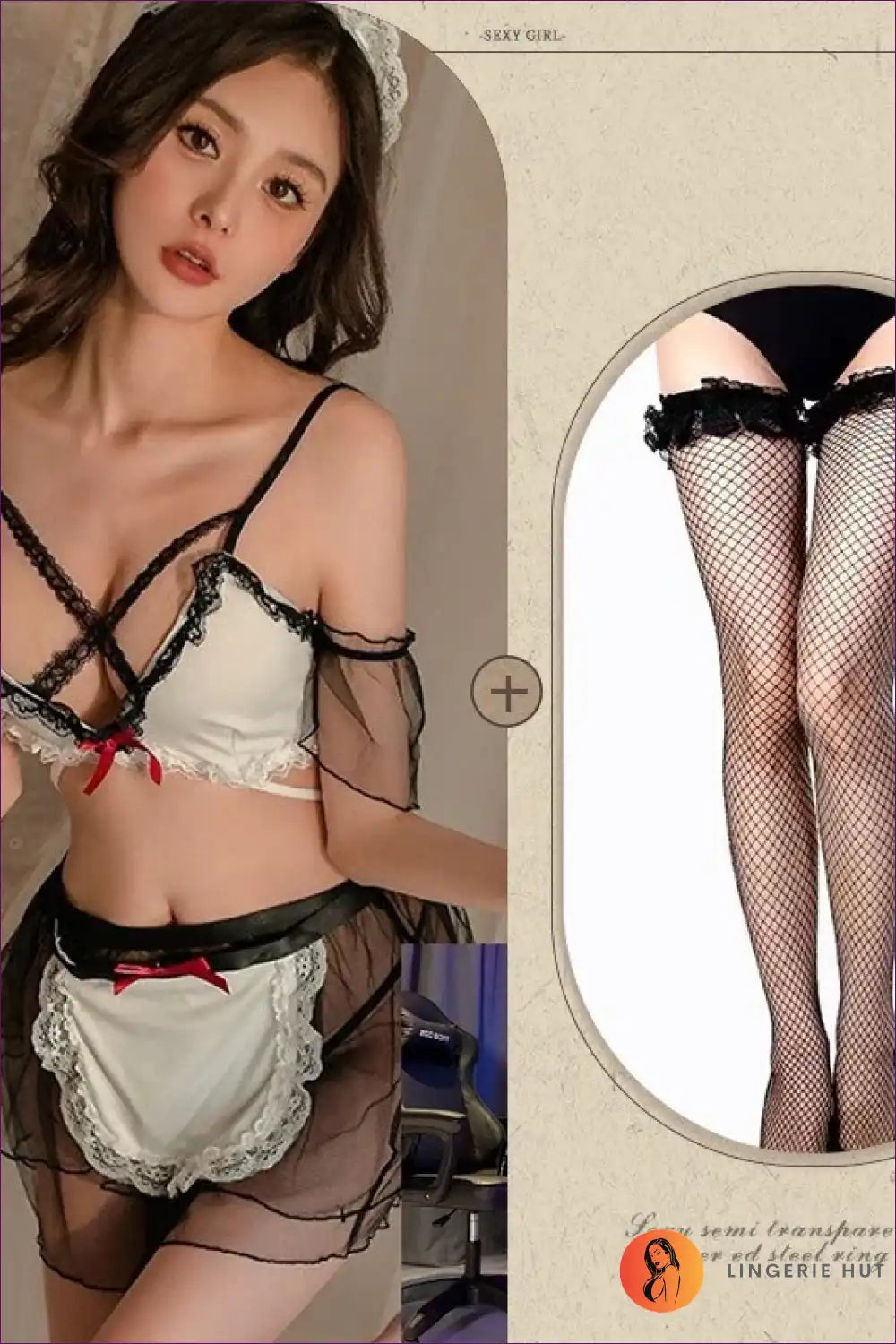 Maid Costume Set with Strappy Bra & Sheer Skirt - After-dark Play for Boudoir, Costume, Evening Wear,