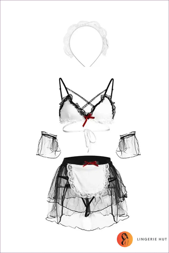 Maid Costume Set with Strappy Bra & Sheer Skirt - After-Dark Play