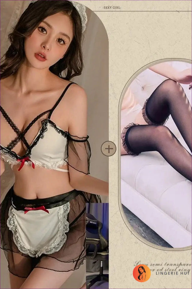 Maid Costume Set with Strappy Bra & Sheer Skirt - After-Dark Play