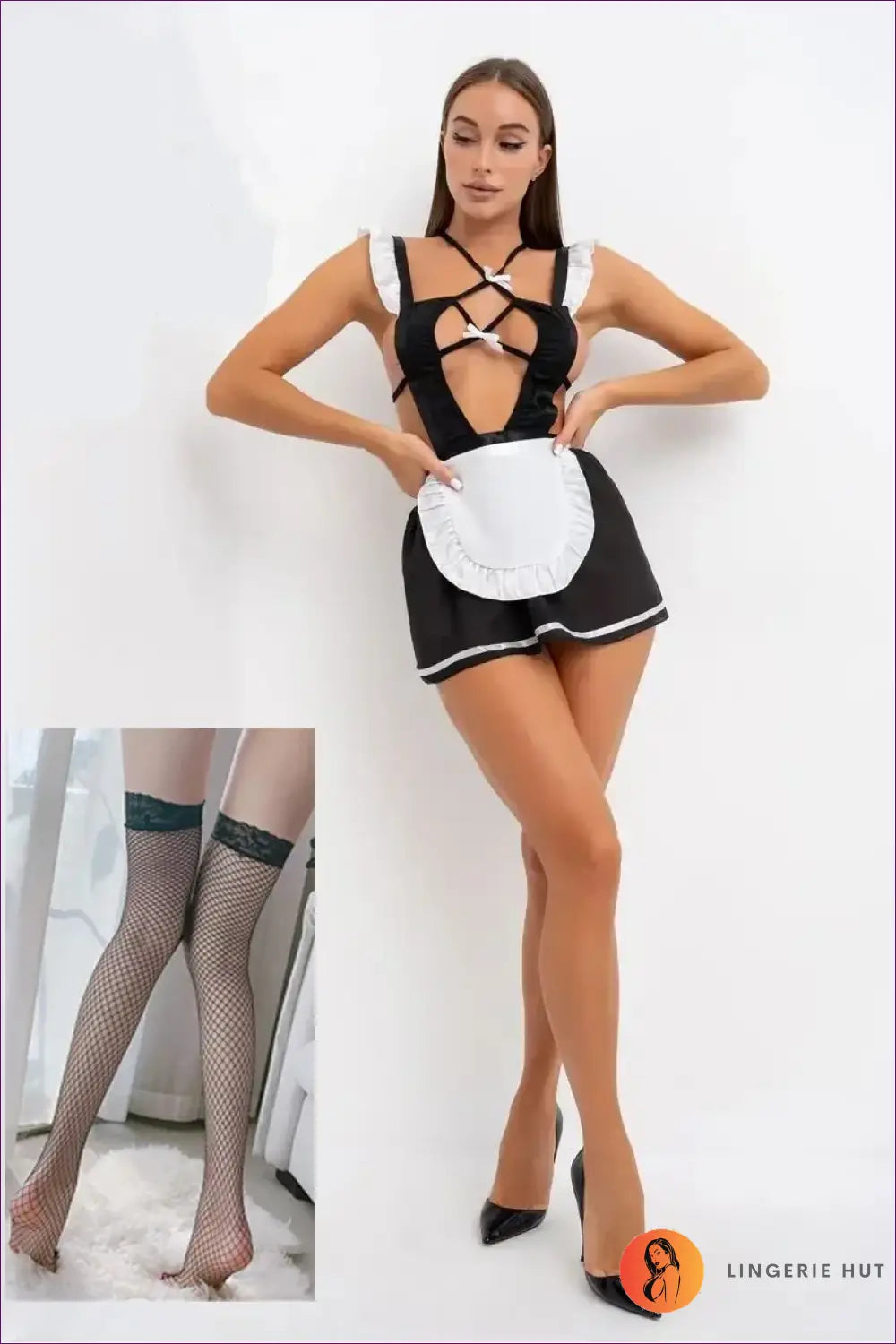 Maid Costume Set with Strappy Halter - Fantasy Roleplay Ready - with Stockings / one Size - Outfit - Lingerie Hut