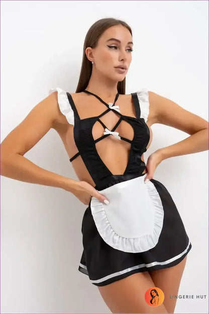 Maid Costume Set with Strappy Halter - Fantasy Roleplay Ready - no Stockings / one Size - Outfit - Lingerie Hut