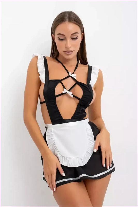 Maid Costume Set with Strappy Halter - Fantasy Roleplay Ready - Outfit - Lingerie Hut - Backless • Boudoir • Cutout