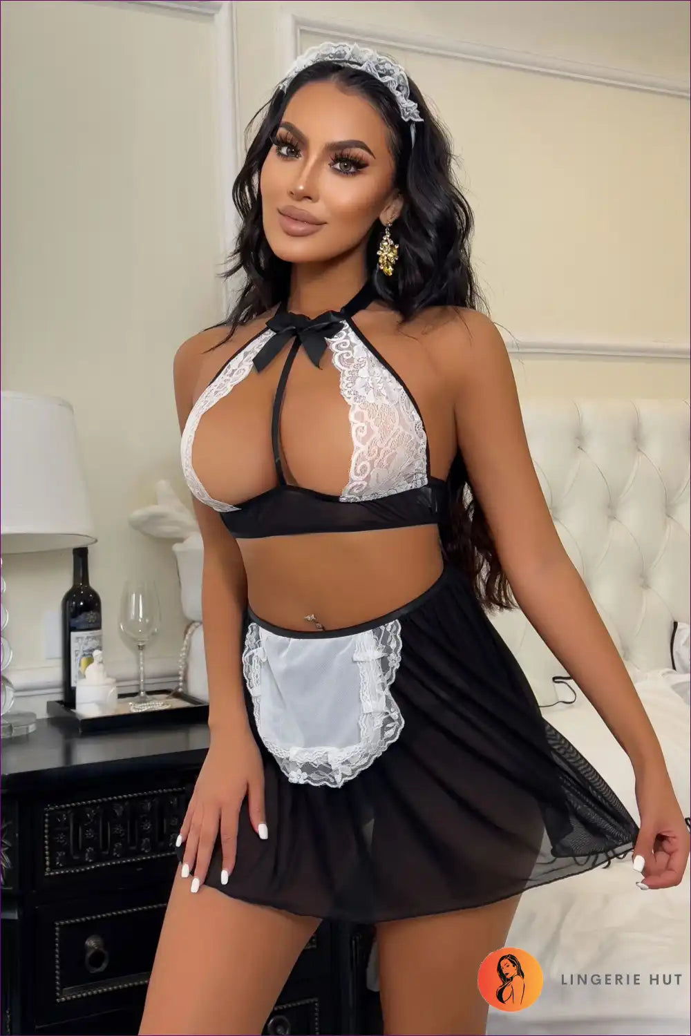 Maid Costume with Sheer Apron Skirt and Lace Headband - Boudoir Ready for Boudoir, Costume, Evening Wear,